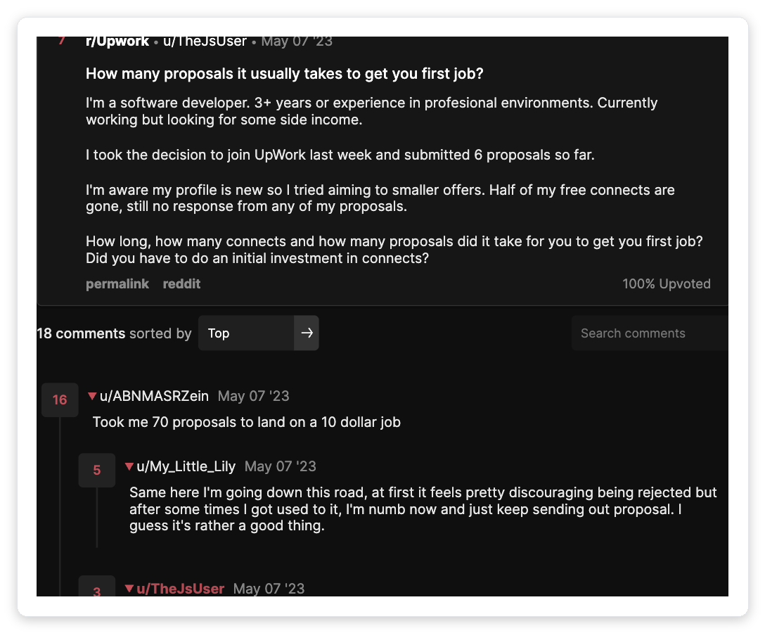 Reddit r/Upwork thread where a freelancer says it took 70 proposals to land a single 10 dollar Upwork job