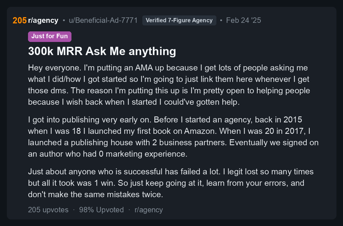 r/agency post titled '300k MRR Ask Me Anything' from a verified 7-figure agency owner, showing agencies track monthly recurring revenue like SaaS companies