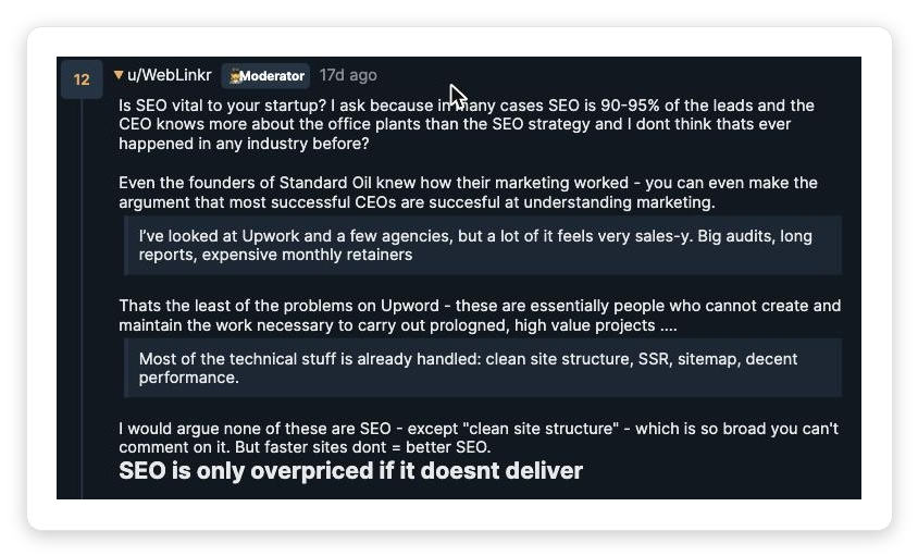 Reddit r/SEO discussion where a SaaS founder evaluates SEO agencies and freelancers on Upwork, with a top comment arguing specialized SaaS SEO is high-value work