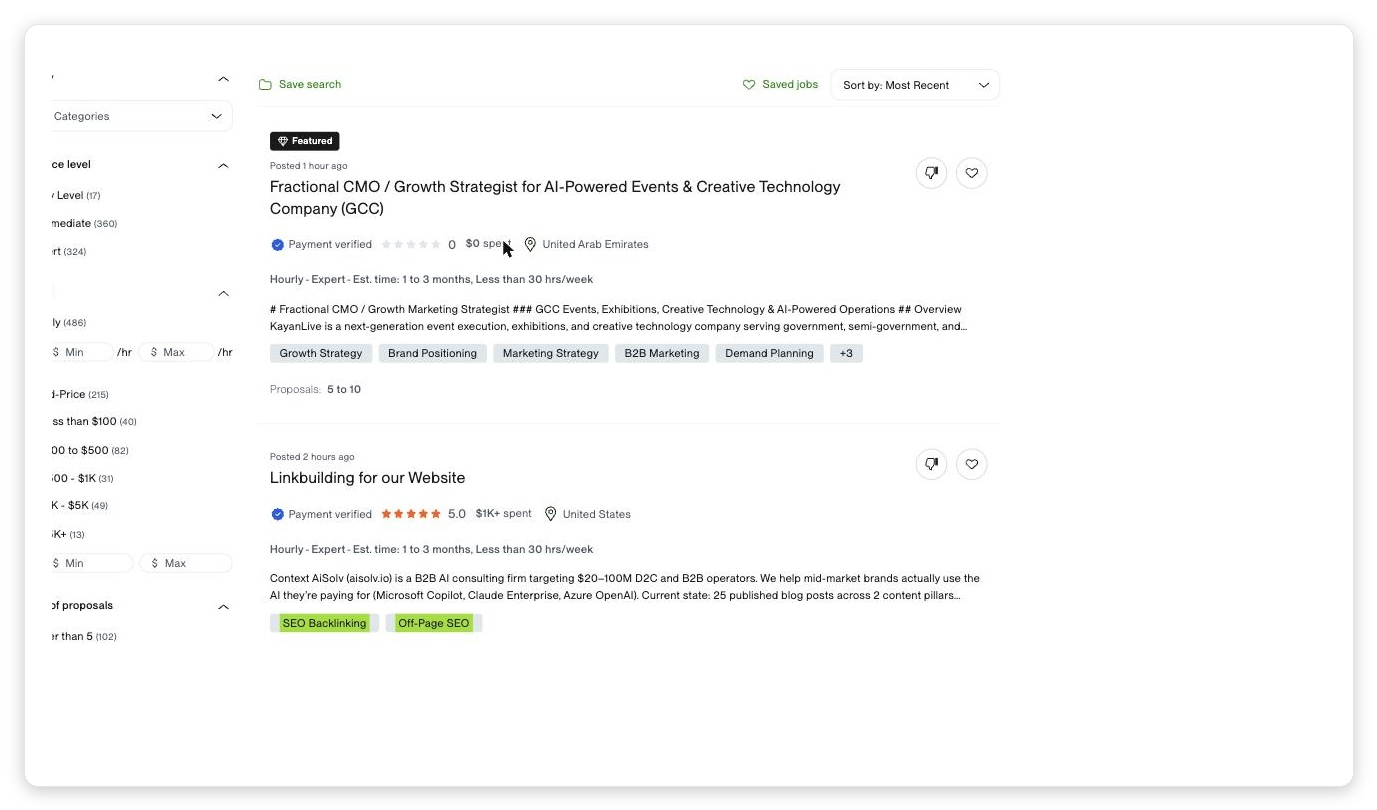 Upwork job search for saas seo showing real SaaS company SEO jobs, payment-verified clients, budgets, and hundreds of active listings proving SaaS SEO demand on Upwork