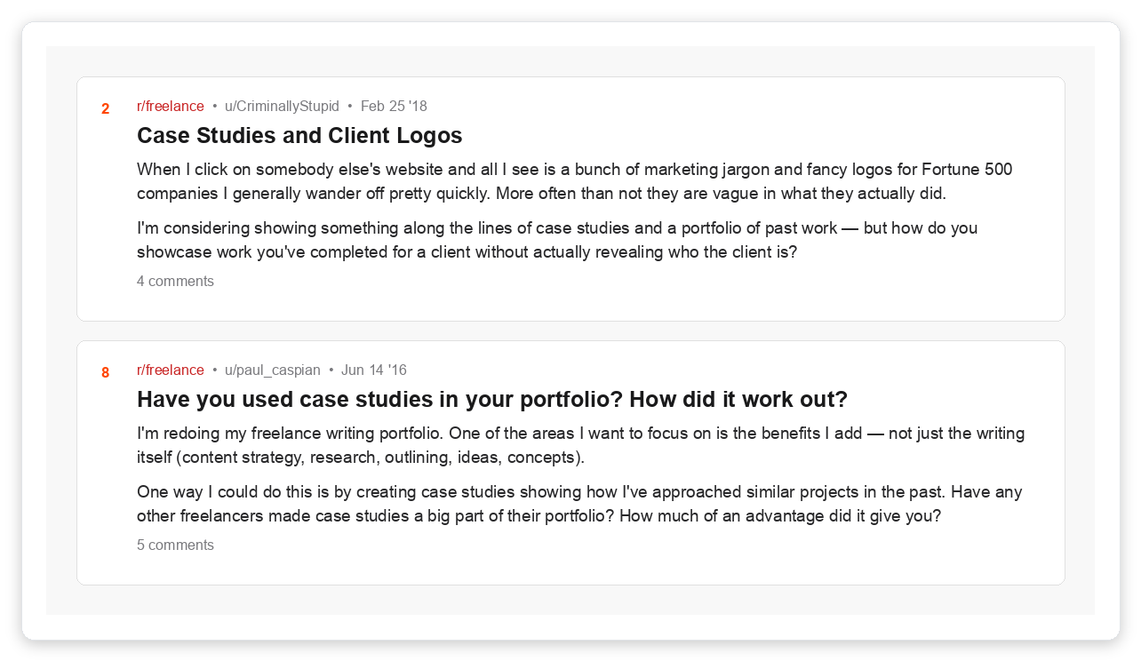 Reddit r/freelance threads discussing how freelancers use case studies in their portfolios to win clients