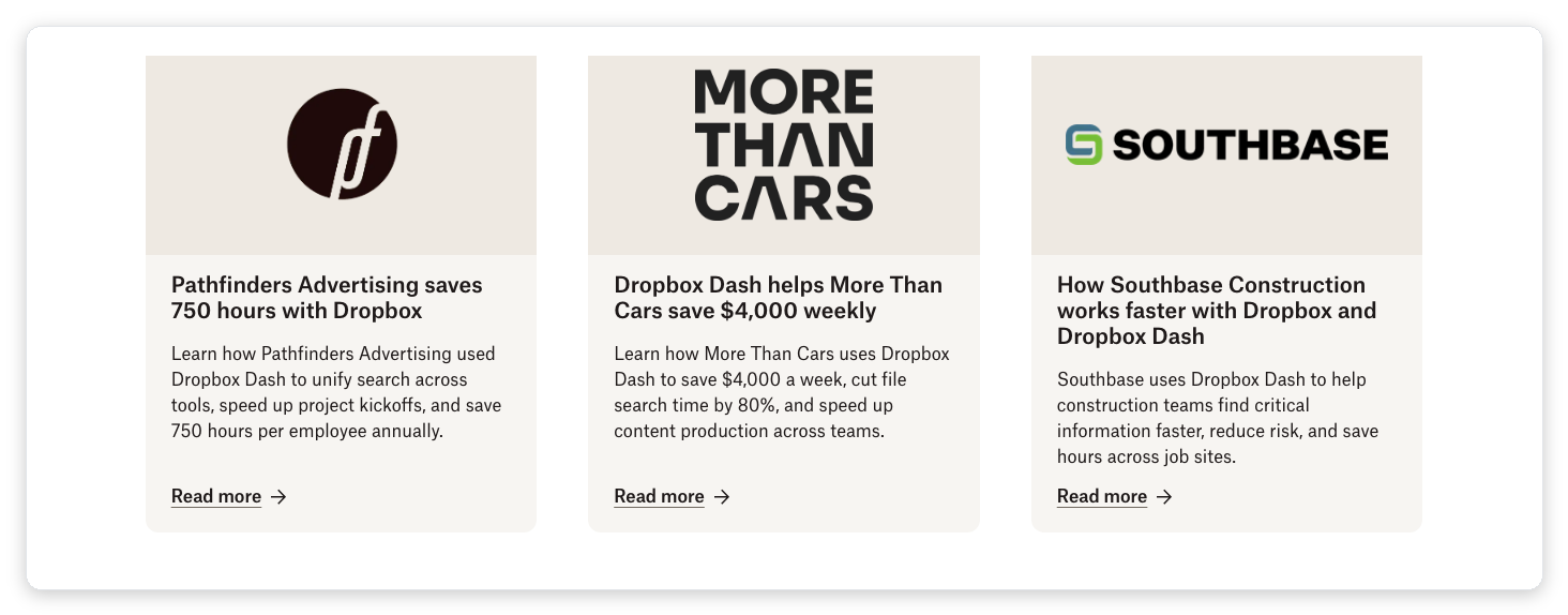 B2B SaaS customer case study examples on the Dropbox customer-stories page showing quantified results like 750 hours saved and $4,000 saved weekly