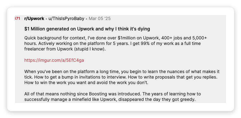 Reddit r/Upwork post from a freelancer who generated over $1 million, describing how learning to write proposals that get replies drove their success