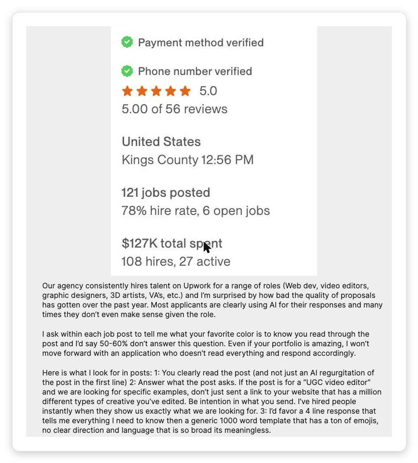 Reddit r/Upwork post from a client who spent $127K hiring on Upwork, explaining why most freelancer proposals fail and what a winning cover-letter pitch looks like