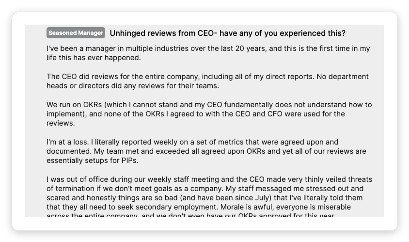 Reddit r/managers post where a seasoned manager says their team hit every OKR yet reviews became PIP setups, a real example of OKR implementations failing in practice
