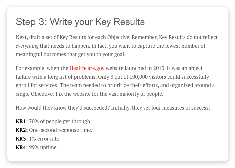 whatmatters.com OKR example showing the Healthcare.gov objective with four measurable key results, a concrete objective and key results template