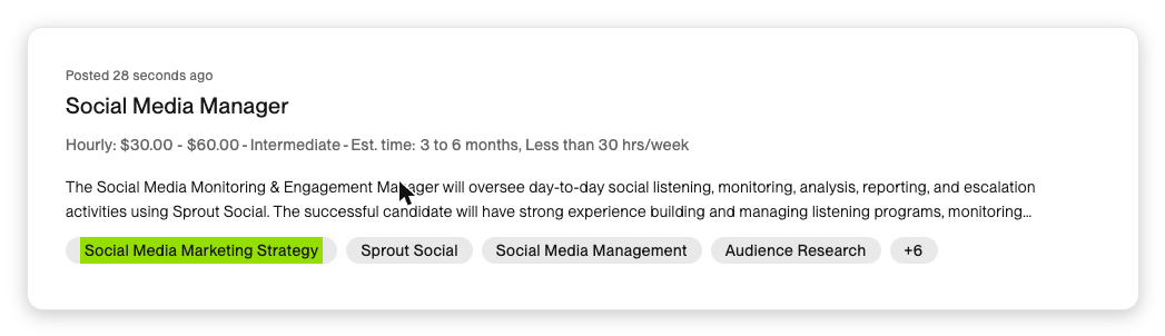 Real Upwork job post for a Social Media Manager showing a client describing their needs, budget and required skills - the customer jobs and pains in their own words