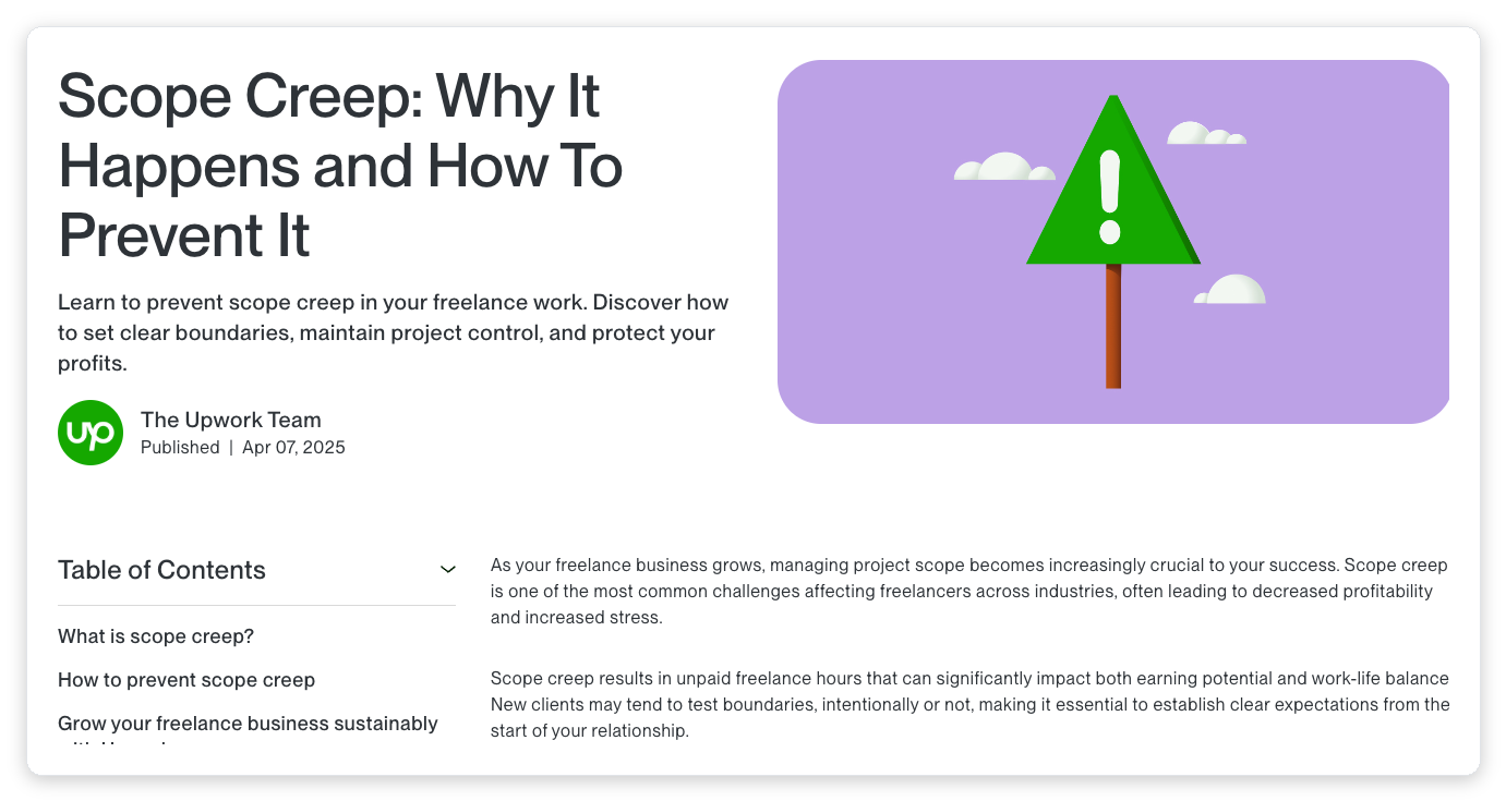 Upwork's official scope creep guide explaining how unmanaged project scope leads to unpaid freelance hours