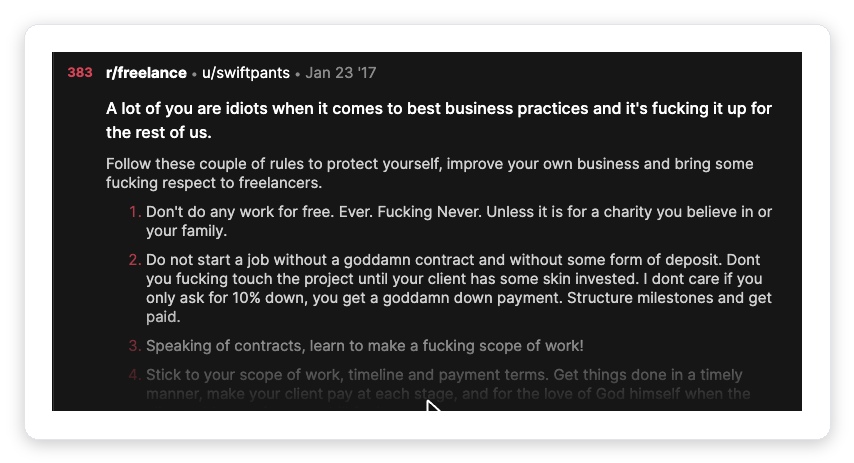 Top r/freelance post advising freelancers to use contracts, deposits, milestone payments and a written scope of work to avoid getting burned