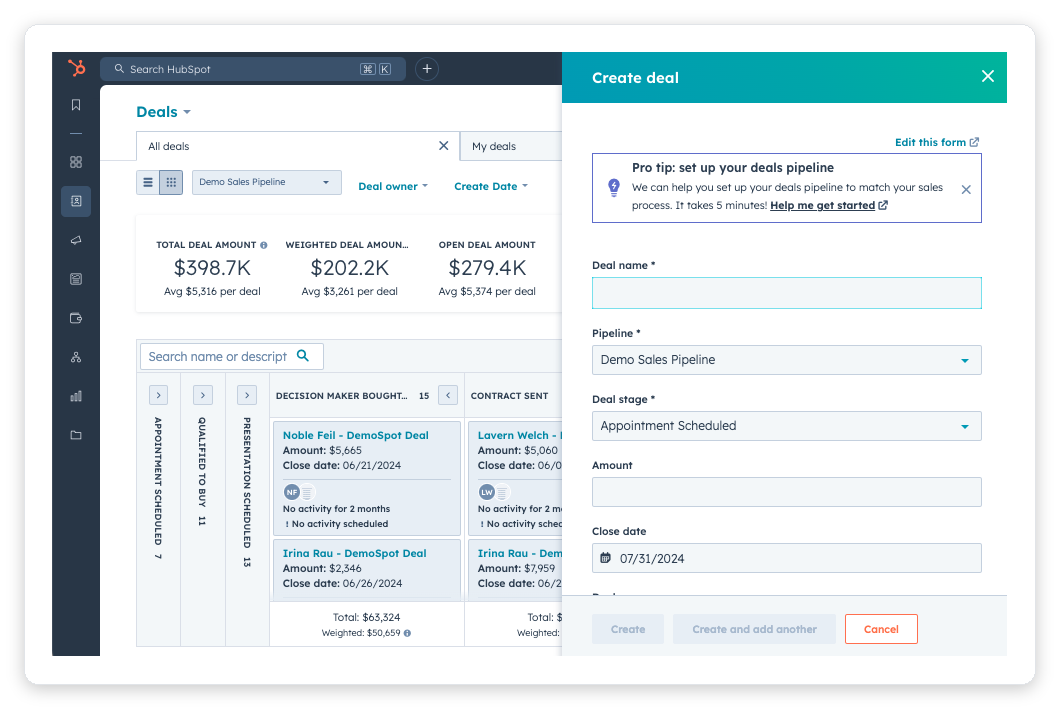 HubSpot CRM deal pipeline board showing named sales pipeline stages from appointment scheduled to contract sent, with deal cards and stage-by-stage totals