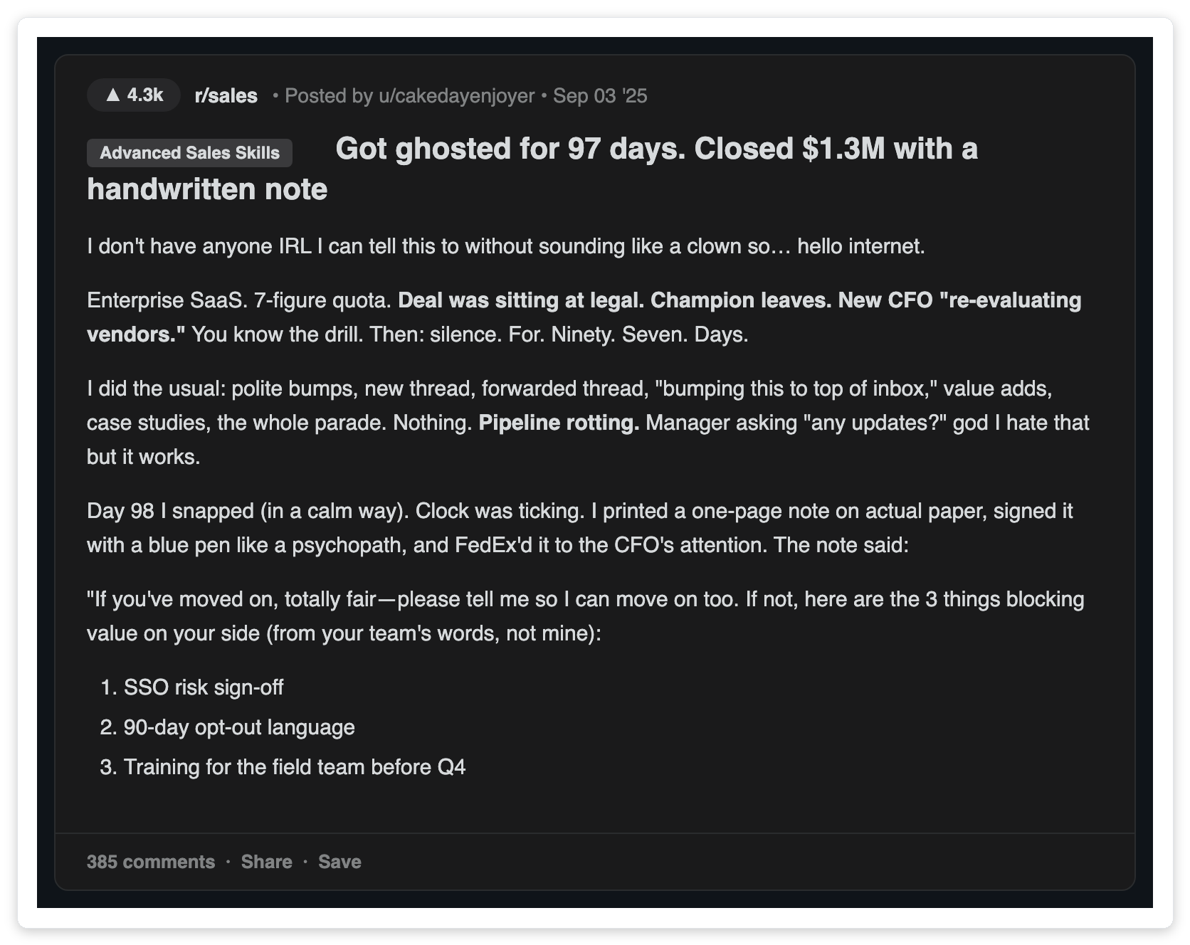 Reddit r/sales thread showing an enterprise deal stuck at the legal and negotiation stage for 97 days, real-world example of a sales pipeline stage stalling