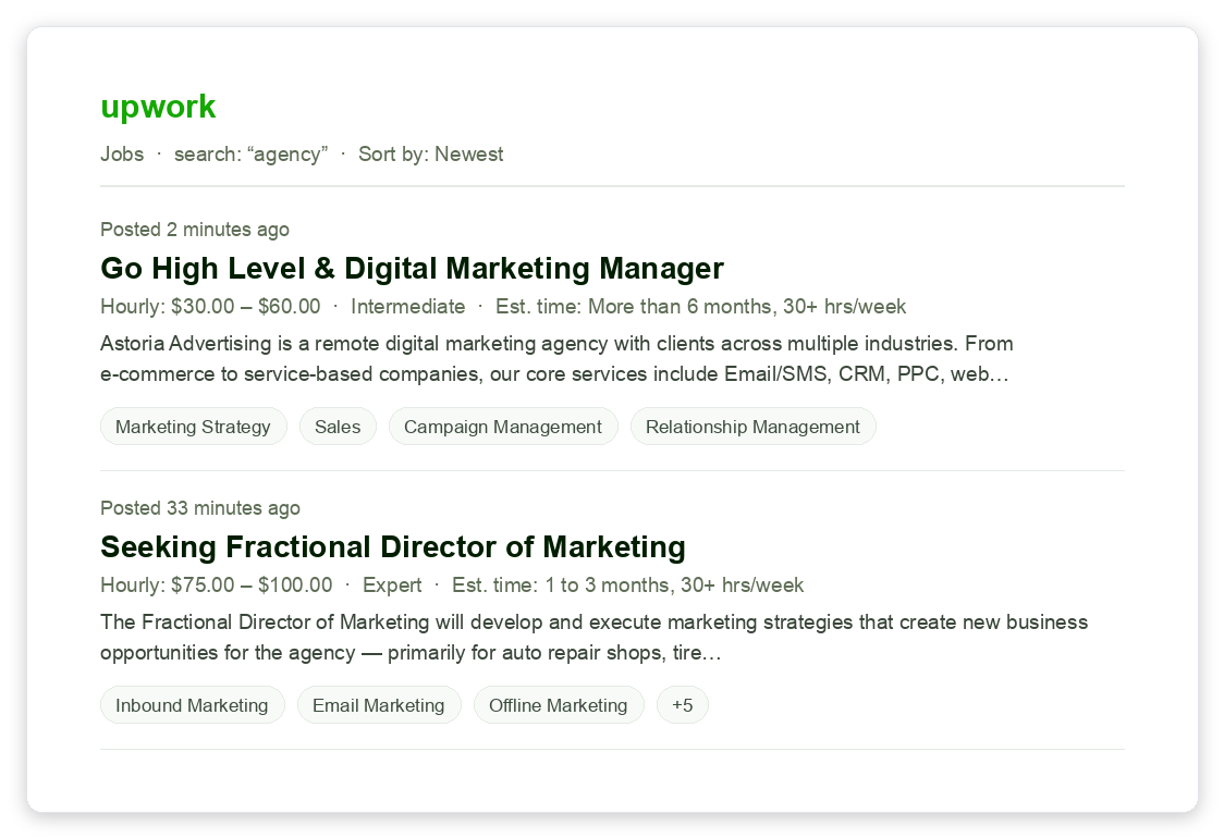 Upwork job feed showing digital marketing agency roles and fractional sales and marketing director postings, illustrating where agencies win clients on Upwork