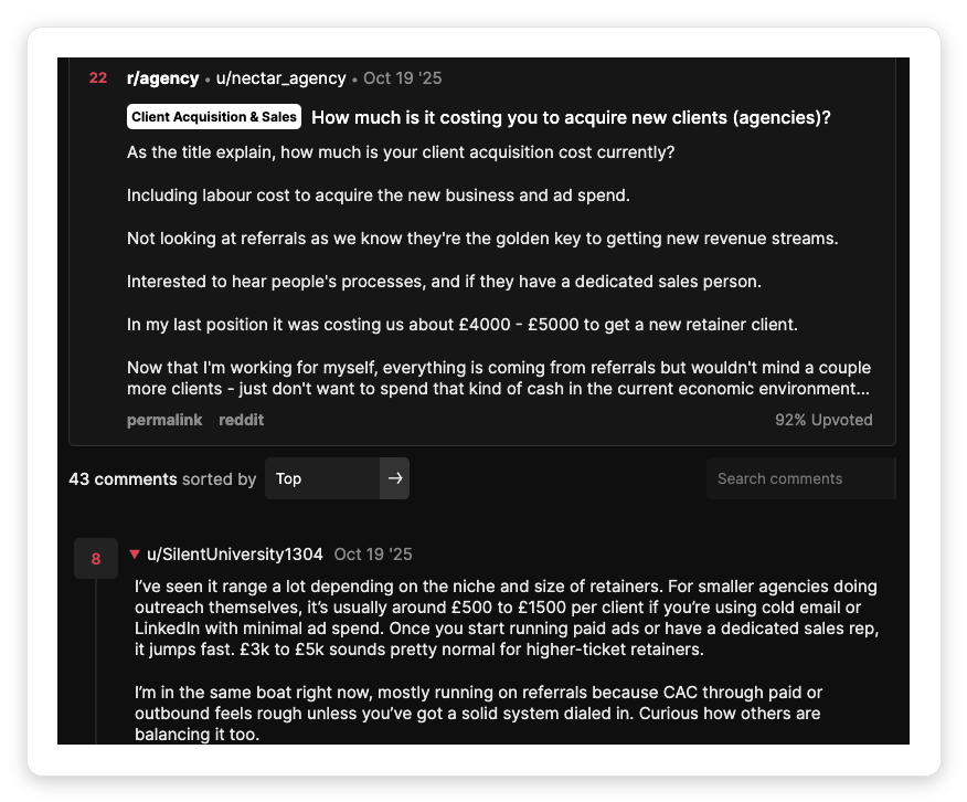 Reddit r/agency discussion where agency owners share real customer acquisition costs, from a few hundred dollars per client via cold outreach up to several thousand for higher-ticket retainers won with paid ads