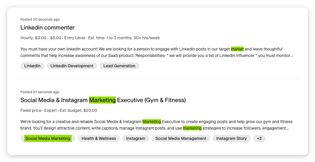 Upwork job search results showing client budget experience level and posting signals an agency reads to qualify a lead using MEDDIC