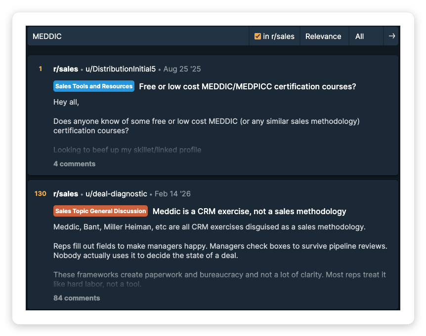 Reddit r/sales thread debating whether MEDDIC sales qualification is a real methodology or just a CRM checkbox exercise