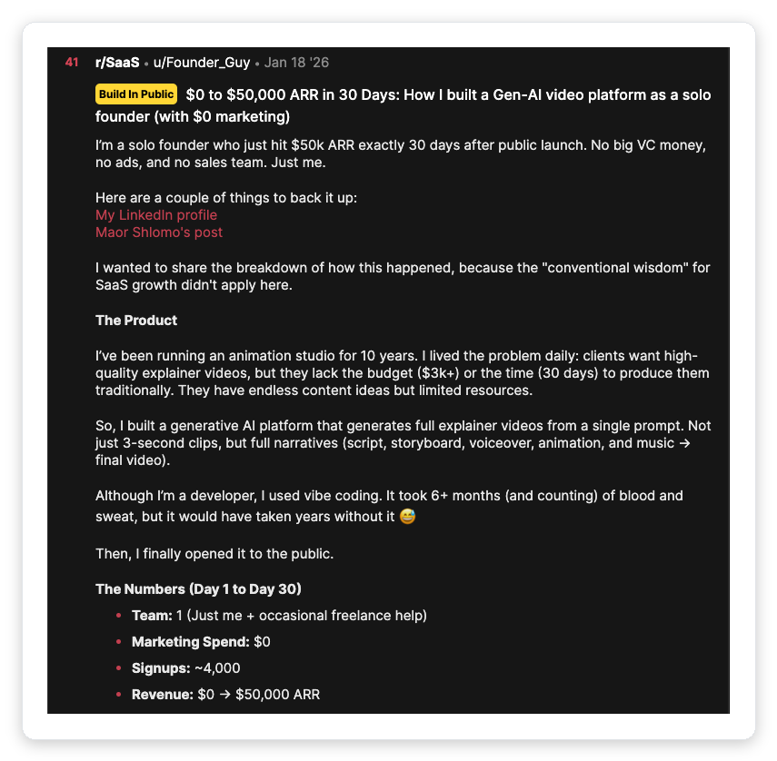 r/SaaS post claiming $0 to $50,000 ARR in 30 days, illustrating how founders overstate ARR by annualizing a single month of revenue