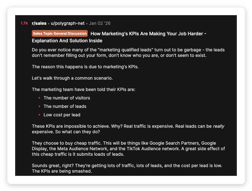 Top-upvoted r/sales Reddit thread arguing that vanity sales KPIs like visitor count, lead count, and low cost-per-lead produce garbage leads instead of real revenue outcomes