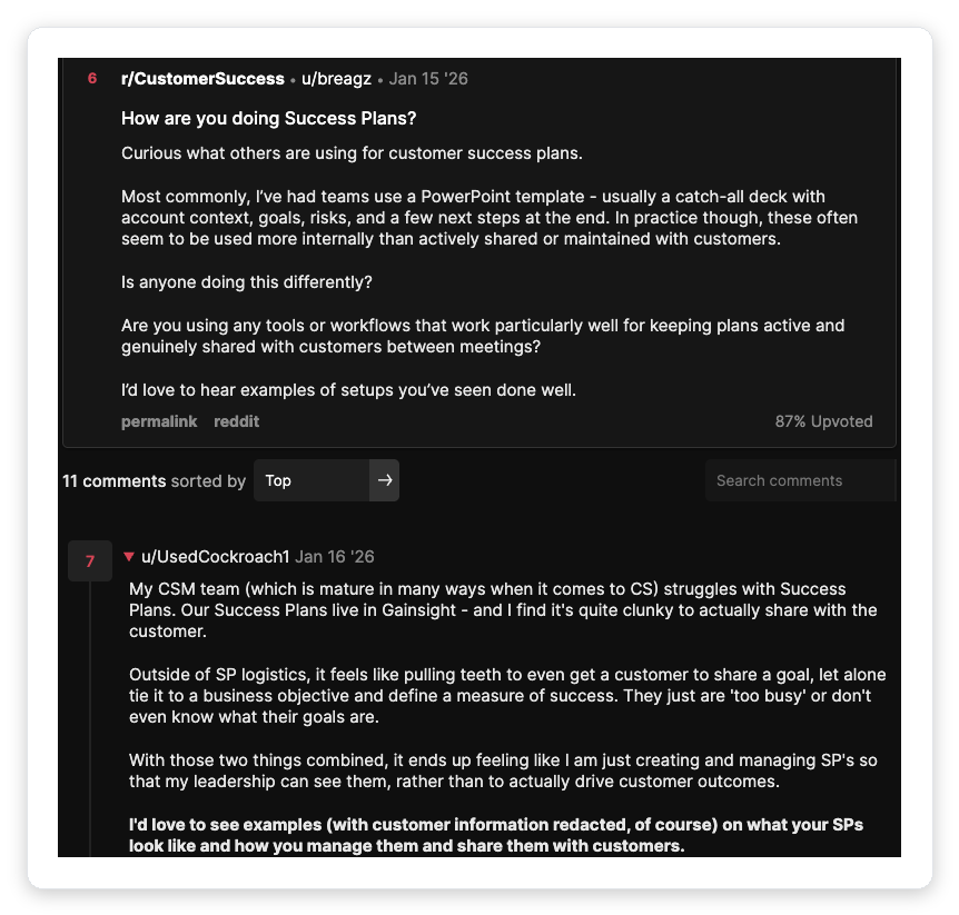 Reddit r/CustomerSuccess thread where customer success managers discuss how they build and share customer success plans and admit undocumented PowerPoint plans rarely get shared with customers