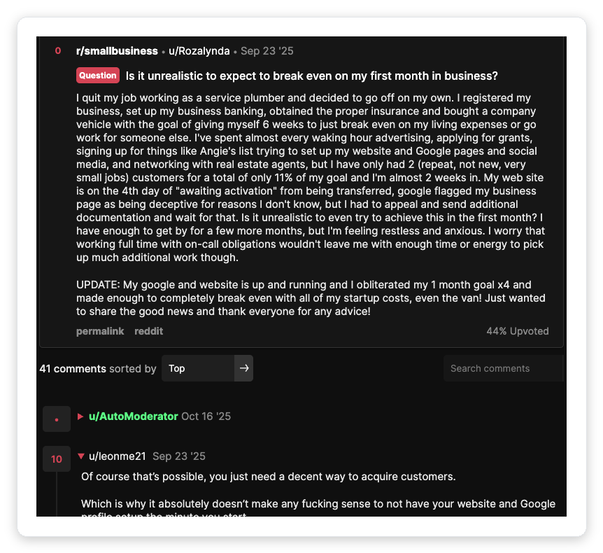 Reddit r/smallbusiness thread where a new service business owner asks if it is unrealistic to break even in month one after calculating startup costs and living expenses