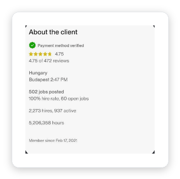 Upwork About the client panel showing payment verified badge, 100 percent hire rate, 502 jobs posted and 2,273 hires, observable buying-behavior signals that qualify a real buyer