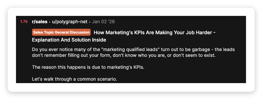 Reddit r/sales post with 1,700 upvotes complaining that marketing qualified leads turn out to be garbage because marketing is optimizing for vanity KPIs