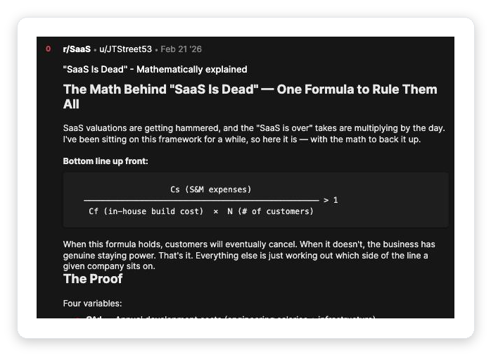 Reddit r/SaaS founder thread breaking down SaaS sales and marketing spend efficiency with a math formula, the operational pain the magic number measures