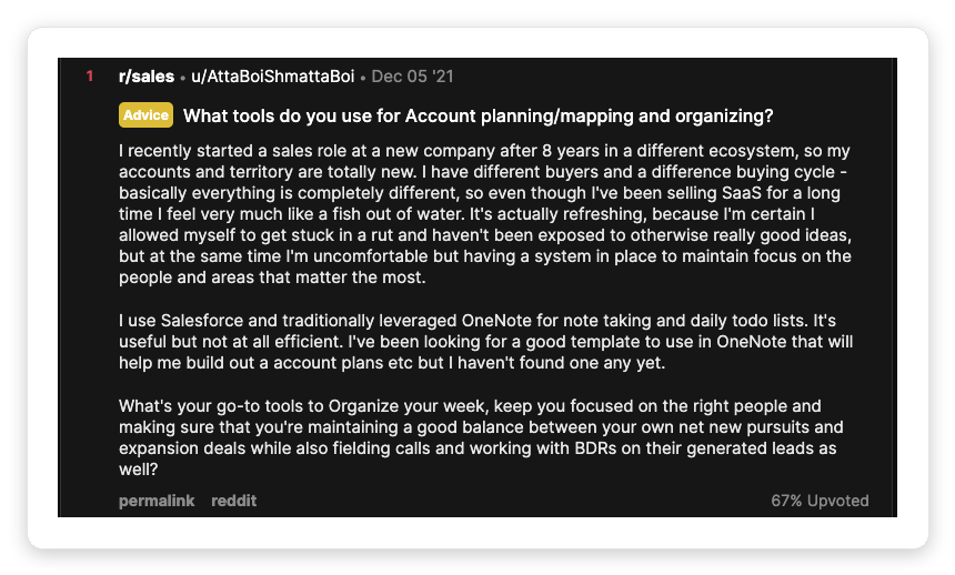 Reddit r/sales post from an experienced SaaS seller asking what tools and templates to use for account planning, mapping, and staying organized
