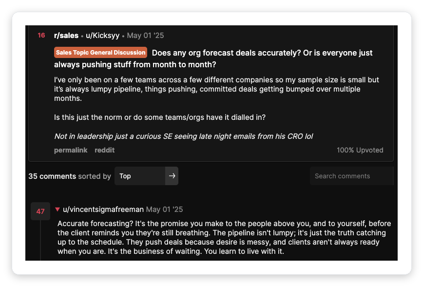 Reddit r/sales discussion on inaccurate sales pipeline forecasting with committed deals constantly pushed month to month