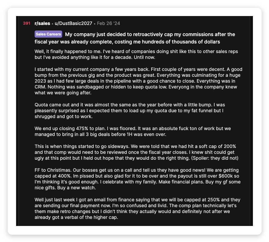 Reddit r/sales post from a rep whose company retroactively capped commissions from 400% to 250% after the fiscal year closed, illustrating a bad sales commission plan.
