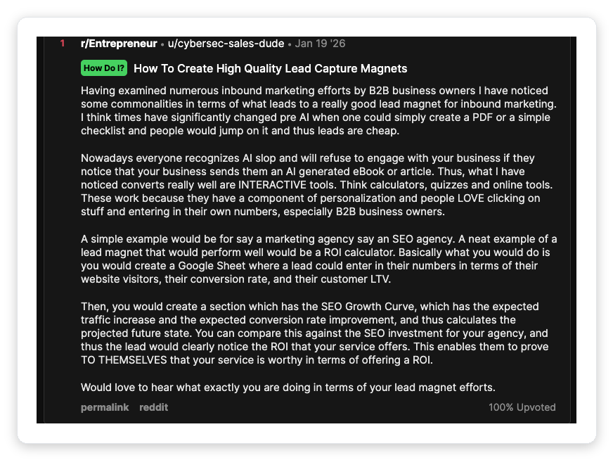 Reddit r/Entrepreneur thread arguing interactive lead magnets like ROI calculators and quizzes convert better than generic PDF ebooks for B2B agencies