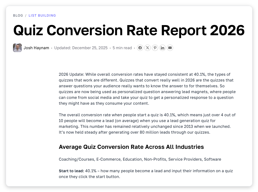 Interact Quiz Conversion Rate Report 2026 showing interactive quiz lead magnets convert at a 40.1% start-to-lead rate