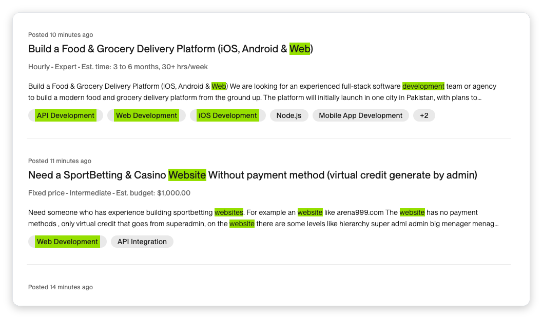 Live Upwork job feed of freshly posted web-development contracts, showing the pipeline of billable work Upwork agencies can tap to keep freelancers off the bench and raise billable utilization.