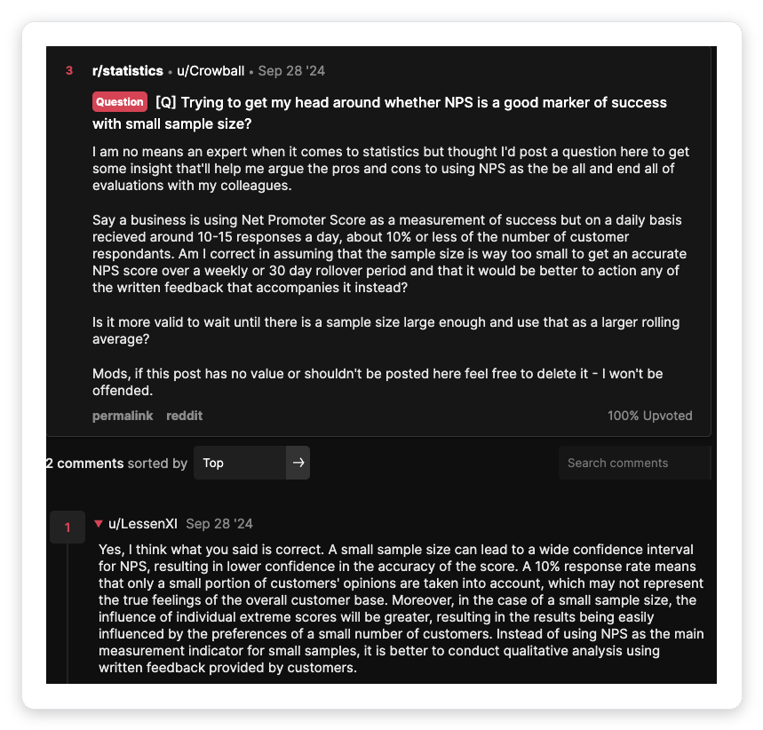 Reddit r/statistics thread asking whether a small sample size makes Net Promoter Score unreliable, with a reply explaining that a 10% response rate produces a wide confidence interval on the net promoter score