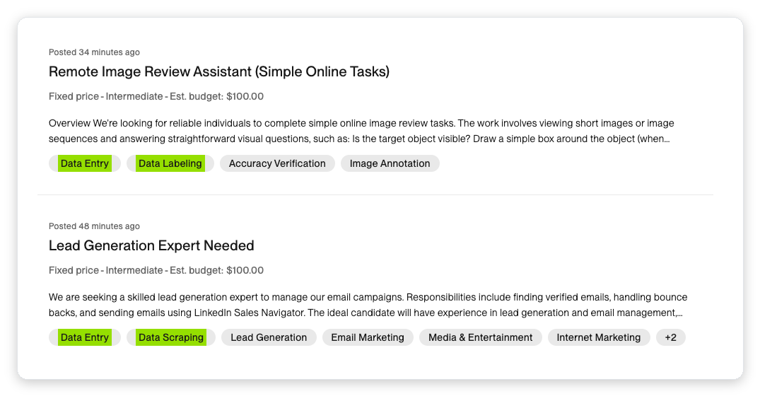 Upwork data entry job search results showing two fixed-price listings, both with $100 estimated budgets