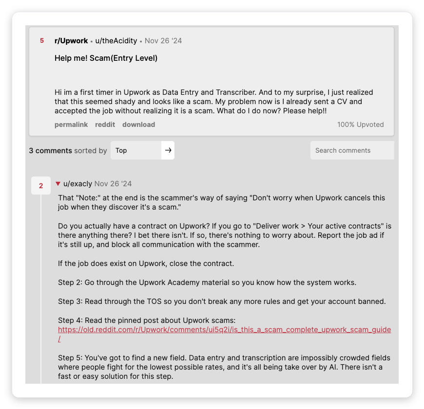 r/Upwork thread where a freelancer is warned that Upwork data entry and transcription are overcrowded, low-rate fields