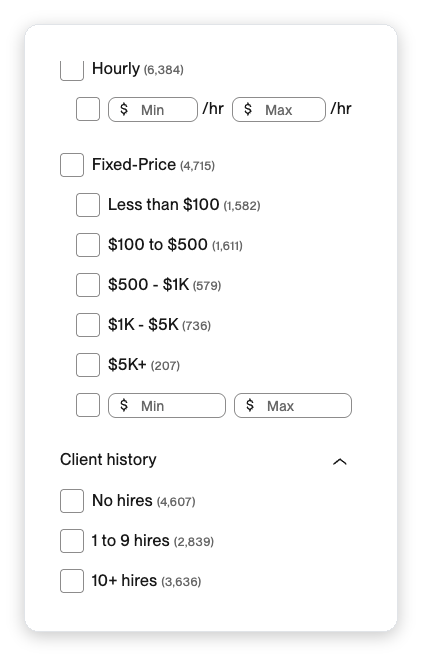 Upwork job search filters showing budget tiers and client hire history counts, the qualification signals used in an Upwork sales methodology