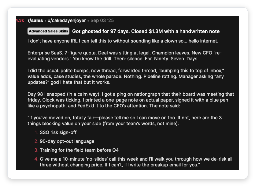 r/sales post: seller closes a $1.3M deal after 97 days of being ghosted using a persistent breakup-style follow-up message
