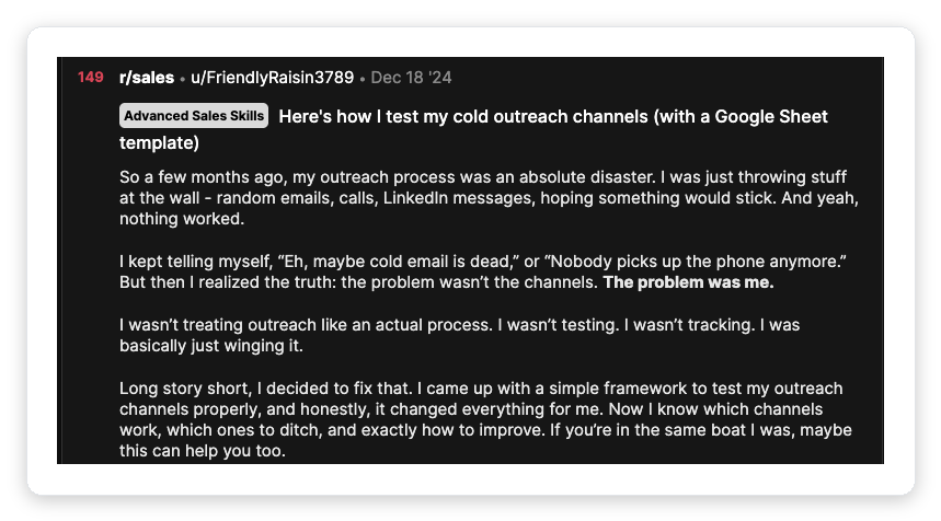 Reddit r/sales post where a rep admits they weren't tracking sales metrics and were just winging it