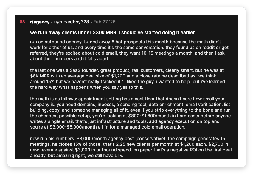 Reddit r/agency post where an agency owner does the client-acquisition-cost math and points out a prospect who doesn't track his close rate, retention, or client lifetime value