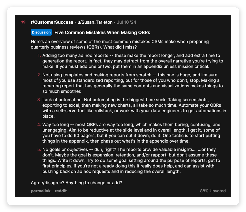 Reddit r/CustomerSuccess post listing five common QBR mistakes agencies make: too many ad hoc reports, no reporting templates, no automation, reviews that run too long, and no defined goals or objectives