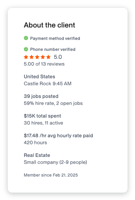Upwork job post "About the client" sidebar showing total spent, jobs posted, hire rate, average hourly rate paid, and member-since date
