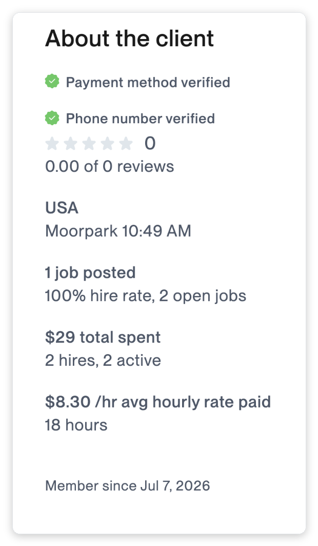 Upwork About the client panel showing payment method verified, 0 reviews, 1 job posted, $29 total spent and an $8.30 per hour average rate paid, the client data used to score BANT qualification before bidding