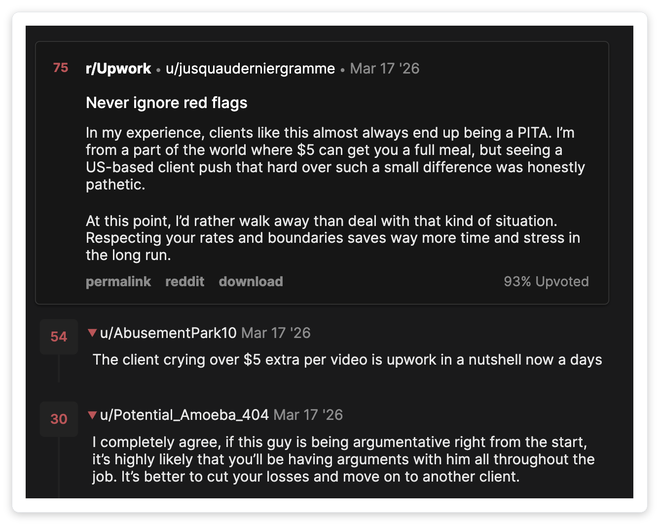 r/Upwork thread titled Never ignore red flags where freelancers agree to walk away from a client haggling over $5 rather than take an unqualified job