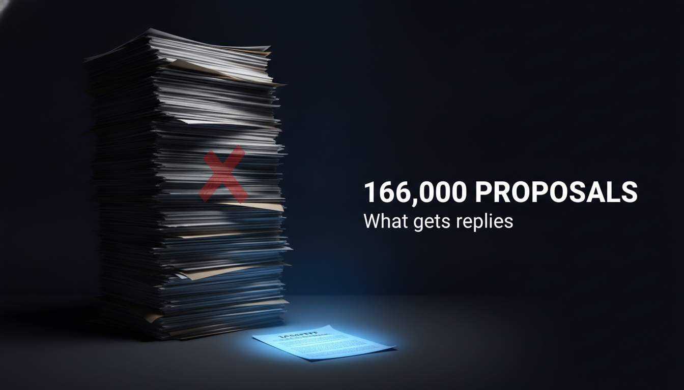 A tall stack of Upwork proposals with one glowing blue proposal in front: 166,000 proposals, what gets replies
