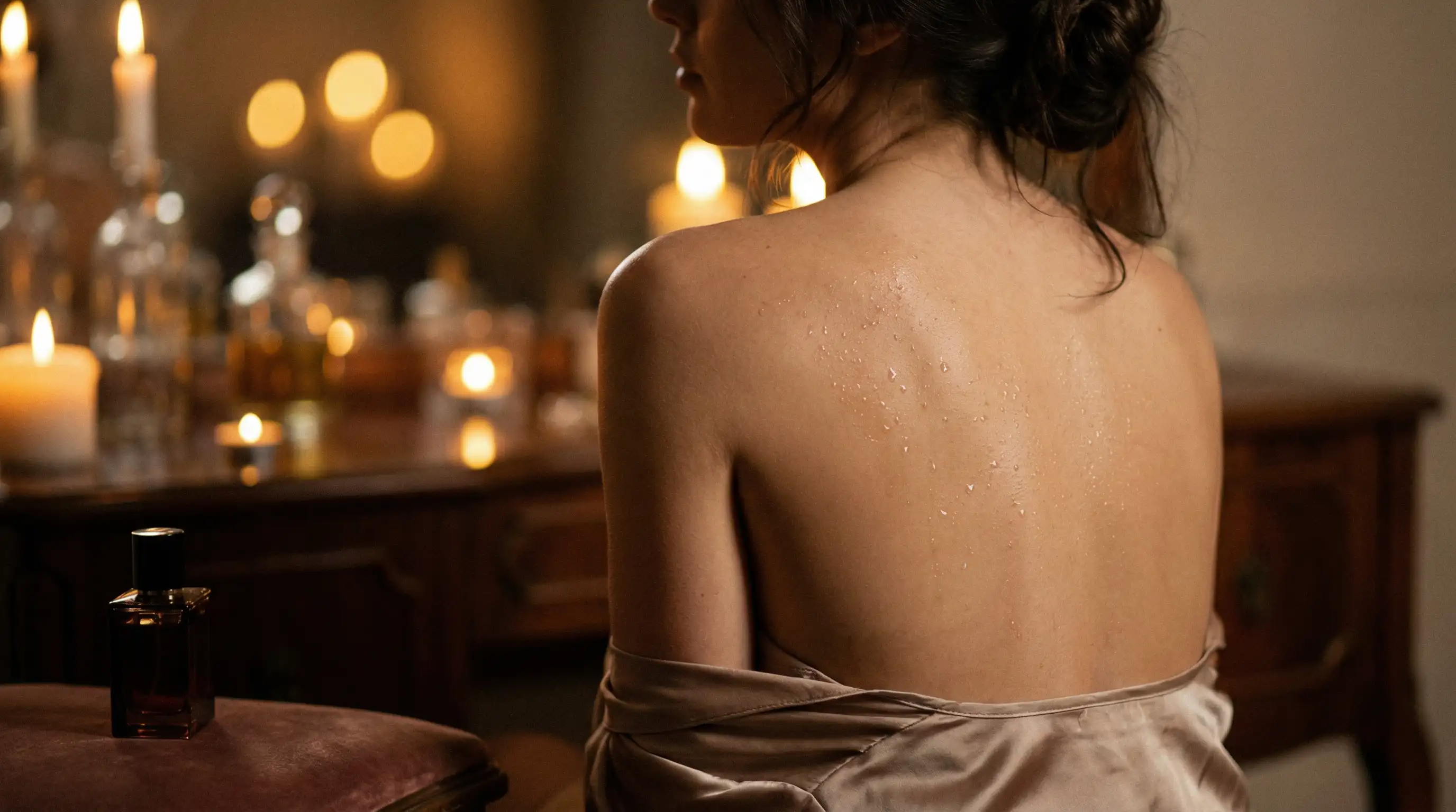 Frau von hinten im Kerzenlicht mit geölter Haut – Spanische Massage