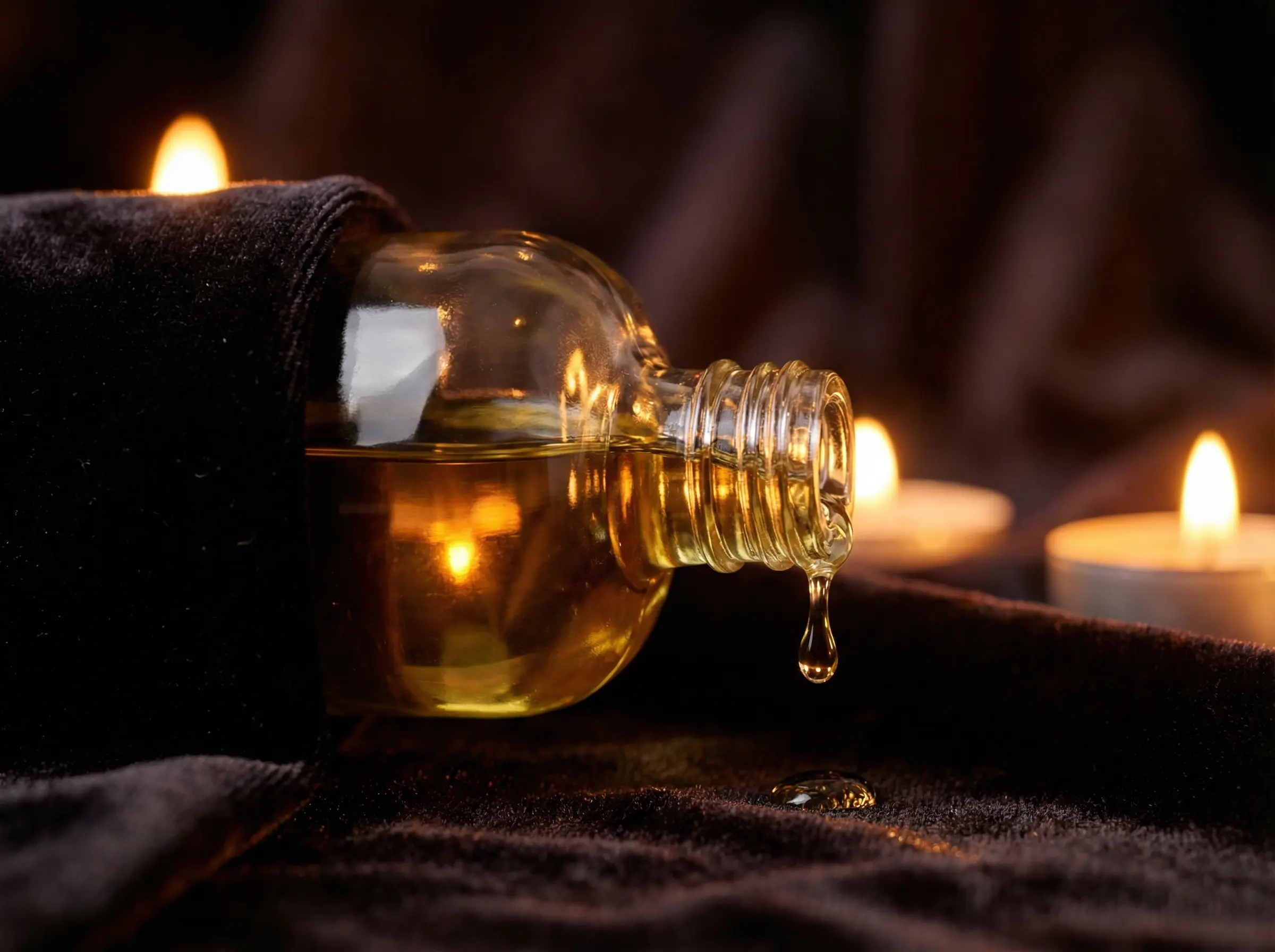 Goldenes Massageöl fließt aus Glasflasche – Spanische Massage