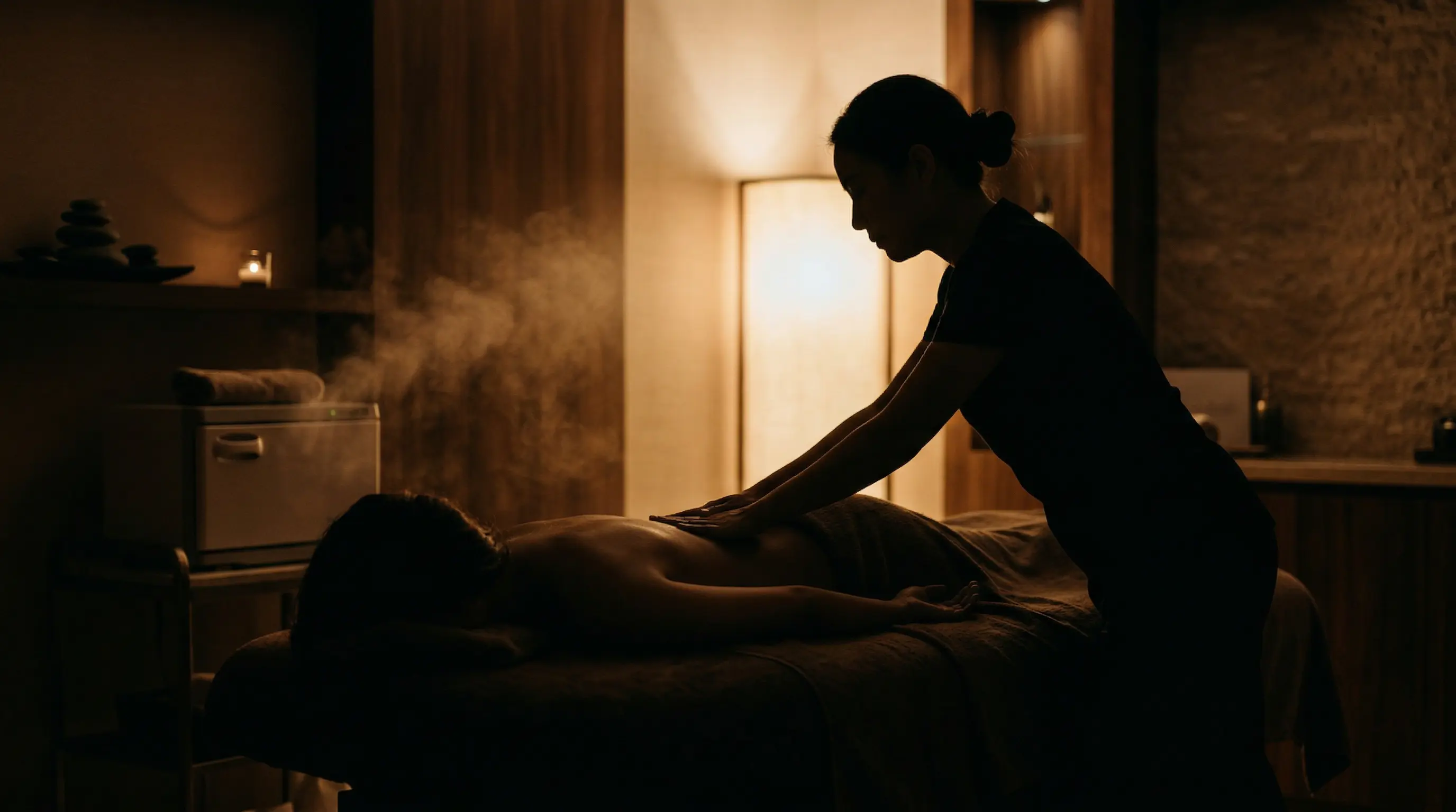 Zwei Silhouetten im gedimmten Raum – sinnliche Massage Atmosphäre