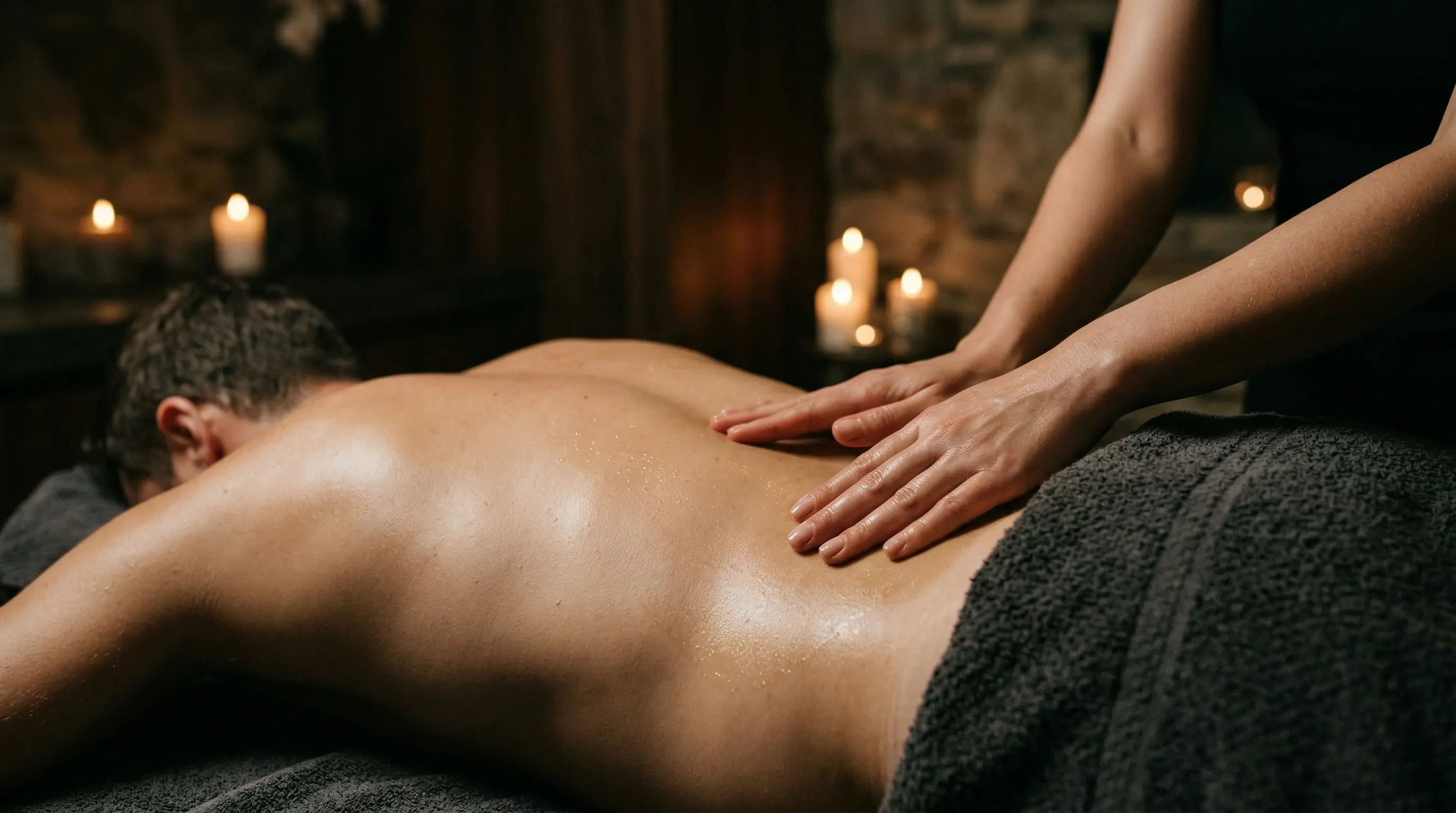 Elegante Hände auf dem Rücken eines Mannes im Kerzenlicht – Prostata Massage