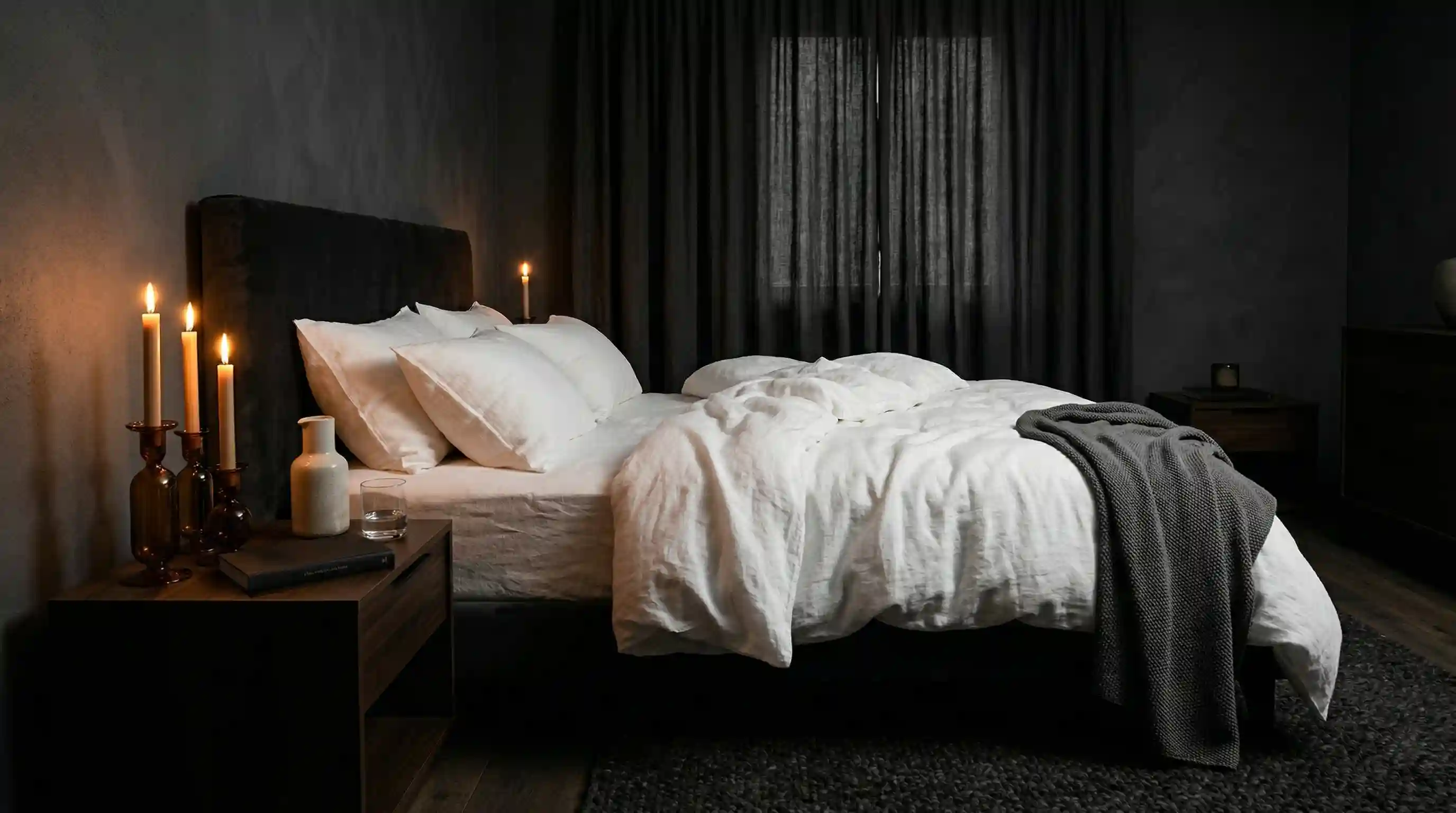 Schlafzimmer mit weißem Linen und Kerzen – Atmosphäre für Prostata Massage