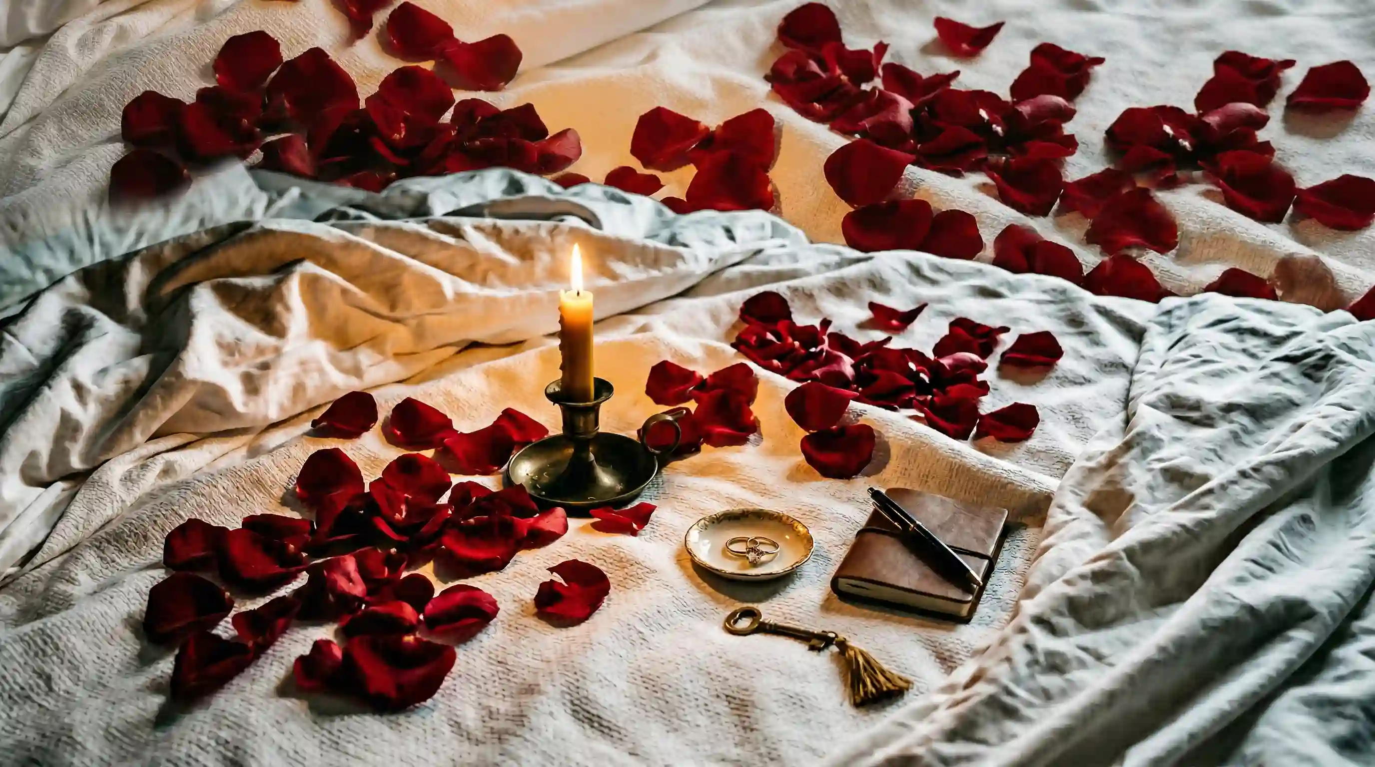 Rote Rosenblüten auf weißem Linen mit Kerze – romantische Vorbereitung